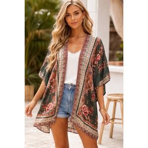 Angie Floral Kimono Wrap Womens 1X Green Boho Festival Open Front Rayon Cardigan